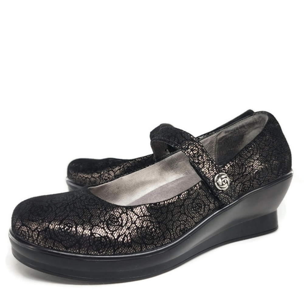 Alegria Flair Florette Paloma Black & Silver Floral Rose Low Wedge Mary-Janes